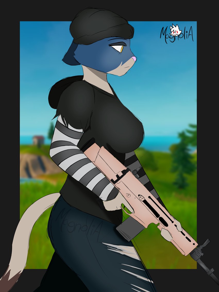 anthro bottomwear breasts clothing female gun pants ranged_weapon rifle side_view solo tail torn_bottomwear torn_clothing torn_pants weapon magnoliabihs epic_games fortnite meow_skulls domestic_cat felid feline felis mammal 3:4 absurd_res hi_res