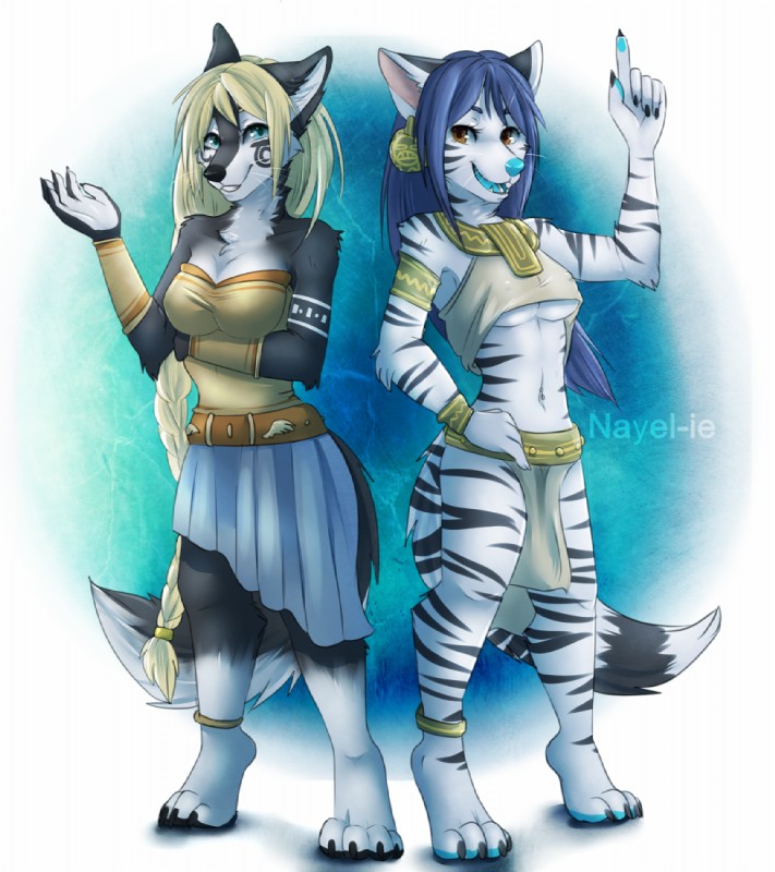 abstract_background anklet anthro armband aztec belt black_body black_fur blonde_hair blue_background blue_bottomwear blue_clothing blue_eyes blue_hair blue_nose blue_pawpads blue_skirt blue_tongue bottomwear bracelet braided_hair breasts brown_eyes claws clothed clothing duo ear_piercing female fur hair jewelry leg_markings loincloth looking_at_viewer markings navel navel_piercing nipples open_mouth pawpads piercing simple_background skimpy skirt smile socks_(marking) stripes tongue under_boob whiskers white_body white_bottomwear white_clothing white_fur nayel-ie canid canine canis felid fox hybrid mammal pantherine tiger wolf