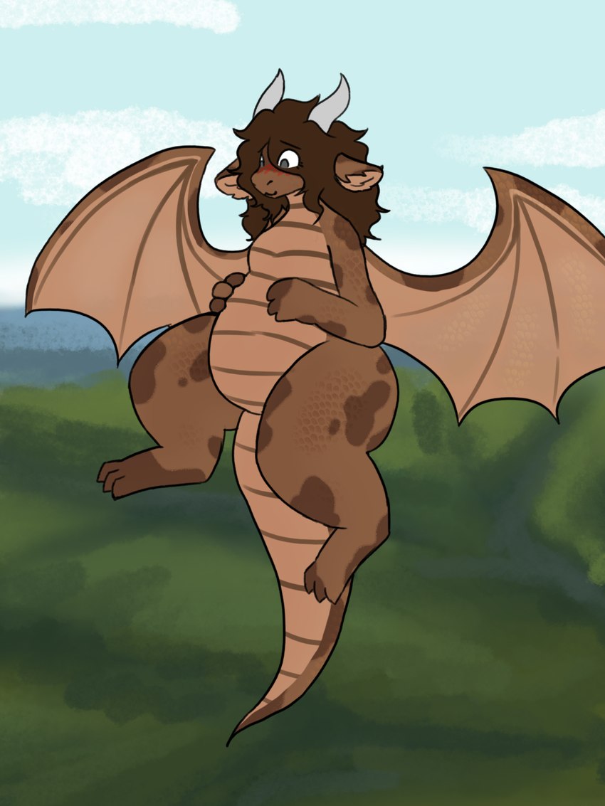 belly big_belly blush brown_body ears_down female flying grey_eyes hair horn markings overweight pivoted_ears simple_background smile solo spots spotted_body tail thick_tail thick_thighs wings kawattame mythology dragon mythological_creature mythological_scalie scalie 3:4 hi_res