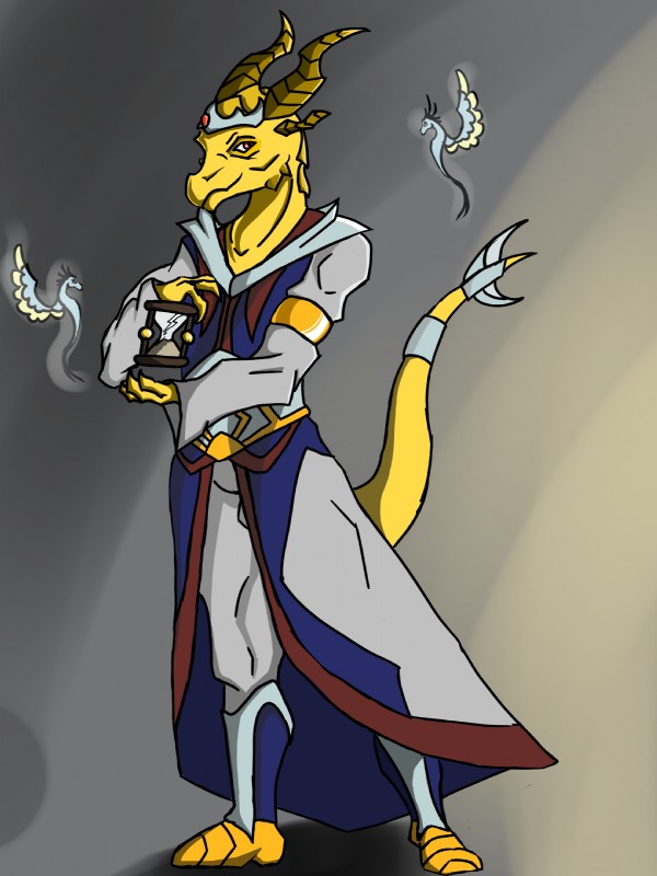 anthro clothed clothing crown fingers footwear headgear horn hourglass_(object) looking_at_viewer male red_eyes robe shoes solo standing tail wings yellow_body yellow_horn yellow_skin crystal_knight_(artist) mythology dragon mythological_creature mythological_scalie scalie spirit 3:4 hi_res