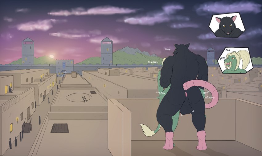 anthro anus balls big_balls black_body black_fur building butt cloud duo fur genitals green_body green_skin landscape light long_tail male male/male muscular pink_anus public sex sky standing standing_sex stone_wall sun sunlight sunset tail text tower town wall_(structure) y_anus wolfarion asian_mythology east_asian_mythology mythology sek-raktaa dragon eastern_dragon mammal murid murine mythological_creature mythological_scalie rat rodent scalie 2021 colored english_text