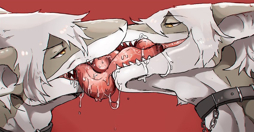 ambiguous_gender anthro big_tongue bodily_fluids collar countershading drooling duo extreme_french_kiss french_kissing hair kissing long_tongue saliva sharp_teeth teeth tongue white_hair yellow_eyes luxury_gin fish marine shark