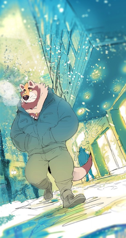 anthro city clothed clothing fur male solo street winter super-tuler timberloin canid canine canis mammal wolf 2018 absurd_res hi_res