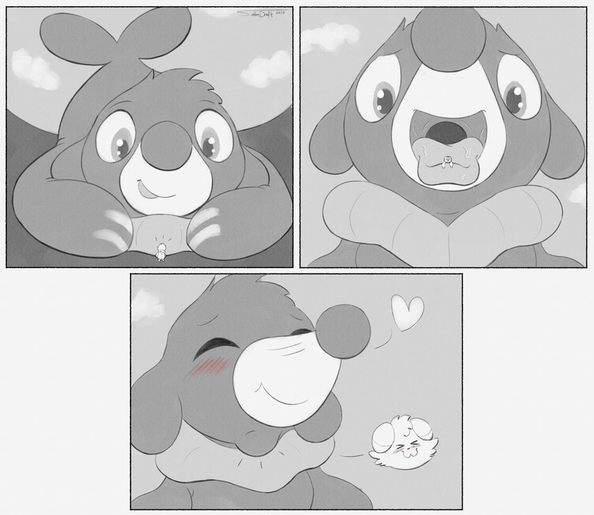 ambiguous_gender blush blush_lines feral feral_pred fully_inside heart_symbol micro micro_on_tongue neck_bulge oral_vore swallowing vore suddendraft nintendo pokemon espurr generation_6_pokemon generation_7_pokemon pokemon_(species) popplio 2020 absurd_res comic digital_media_(artwork) greyscale hi_res monochrome