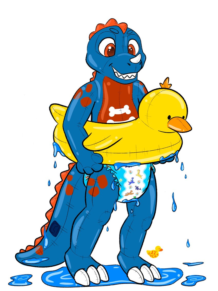 anthro clean_diaper clothed clothing diaper happy inflatable inflatable_toy male pattern_diaper pool_toy puddle smile solo standing swim_ring toothy_grin water wearing_diaper wet duckydalmatian leslie_(experiment626) anatid animate_inanimate anseriform avian bird dinosaur duck living_inflatable prehistoric_species reptile scalie theropod tyrannosaurid tyrannosauroid tyrannosaurus tyrannosaurus_rex hi_res