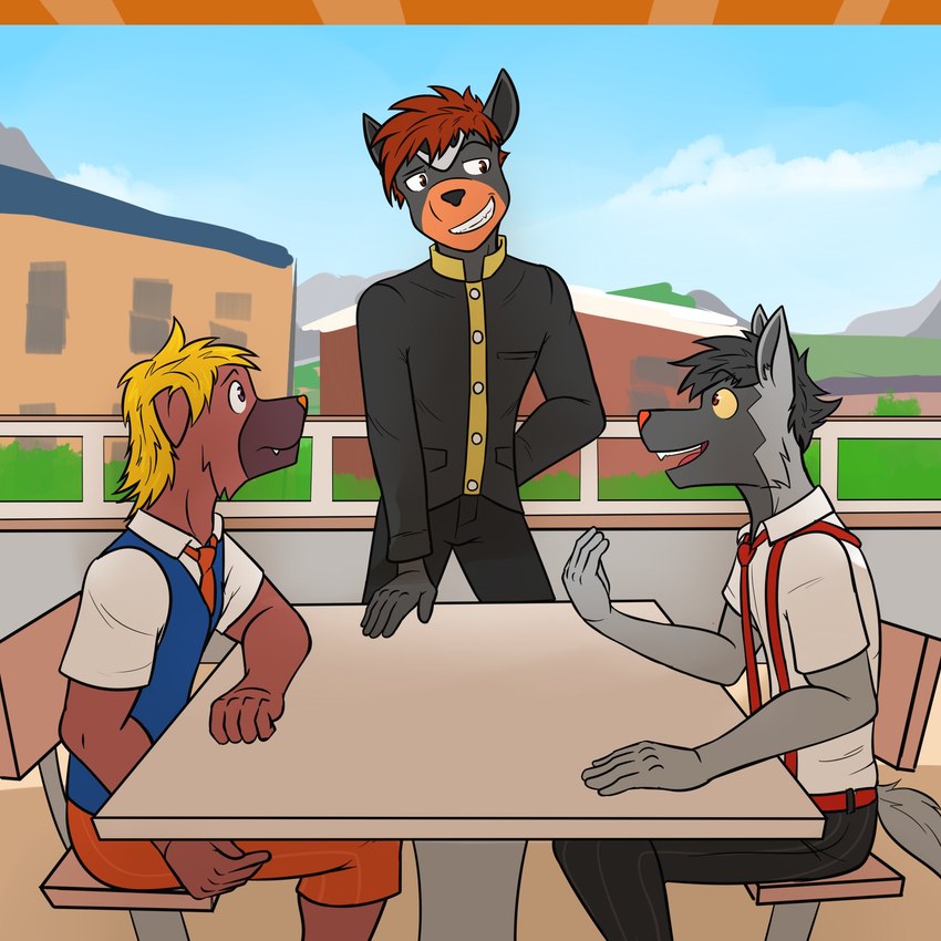 anthro anthrofied bottomwear clothed clothing collared_shirt fully_clothed group male naranja_academy necktie orange_bottomwear orange_clothing orange_necktie orange_shorts pants pokemorph restaurant school_uniform shorts sitting suspenders trio uniform fuze nintendo pokemon damien_(fuze) jawk_(fuze) pawl_(fuze) generation_2_pokemon generation_3_pokemon generation_9_pokemon houndour maschiff pokemon_(species) poochyena 1:1 hi_res