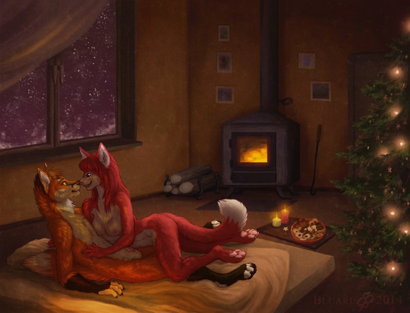 anthro bed breasts christmas_tree detailed_background duo female fireplace furniture genitals holidays inside male male/female nipples nude on_bed penis plant romantic romantic_ambiance romantic_couple smile tree winter bluari christmas aryani canid canine fox mammal werecanid werecanine werecreature werefox detailed digital_media_(artwork)