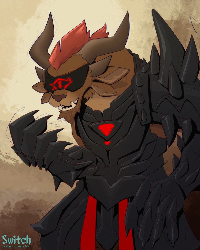 4_ears 4_horns anthro armor biped black_armor blindfold brown_body brown_fur brown_horn fur hair horn male multi_ear multi_horn red_hair simple_background solo switchbit guild_wars rytlock_brimstone charr felid mammal 4:5 digital_media_(artwork) hi_res