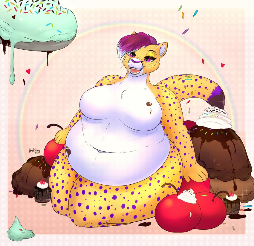 4_fingers anthro bangs belly big_belly border breasts candy cherry chocolate chocolate_sauce dairy_products dessert dripping eyebrows eyelashes falling_food featureless_breasts female fingers food food_on_belly food_on_breasts freckles fruit fur hair heart_symbol ice_cream large_food long_tail markings multicolored_body multicolored_fur multicolored_hair navel obese obese_anthro obese_female open_mouth overweight overweight_anthro overweight_female pink_tongue plant purple_eyes purple_hair purple_nose rainbow short_hair sitting smile solo spots spotted_body spotted_fur spotted_markings spotted_tail sprinkles tail tail_markings thick_thighs tongue whipped_cream whiskers white_belly white_border white_breasts white_hair white_inner_ear wide_hips rakkyoarts shay_lectra cheetah felid feline mammal 2023 artist_name colored digital_drawing_(artwork) digital_media_(artwork) hi_res shaded