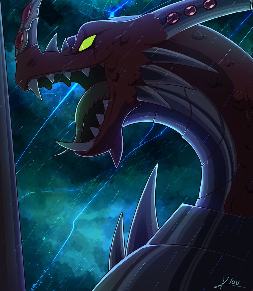 ambiguous_gender dramatic_lighting electricity gem green_eyes horn horn_jewelry jewelry lightning open_mouth raining red_body red_scales scales solo teeth tongue tongue_out kloudraws bandai_namco digimon mythology digimon_(species) dragon examon mythological_creature mythological_scalie scalie 2019 hi_res shaded signature