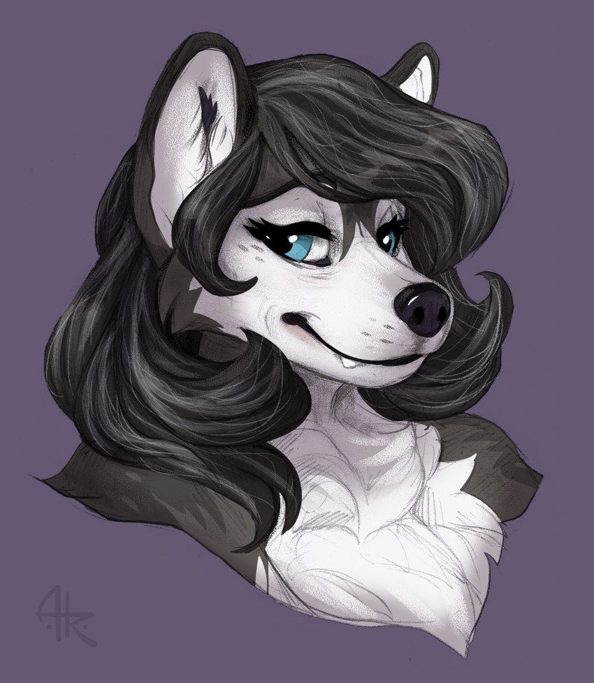 anthro black_hair blue_eyes chest_tuft countershading cute_fangs eyelashes fangs female greying_hair hair looking_at_viewer mature_female narrowed_eyes smile solo teeth tuft acidapluvia caedere kanna_(slither) alaskan_malamute canid canine canis domestic_dog mammal nordic_sled_dog spitz bust_portrait hi_res portrait