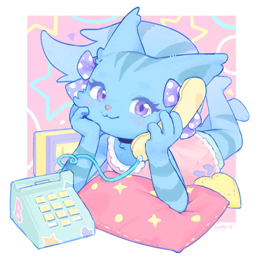 anthro clothed clothing electronics female landline_phone pajamas phone pillow solo landypommel beatcats sanrio sega sega_fave chelsea_(beatcats) domestic_cat felid feline felis mammal absurd_res hi_res