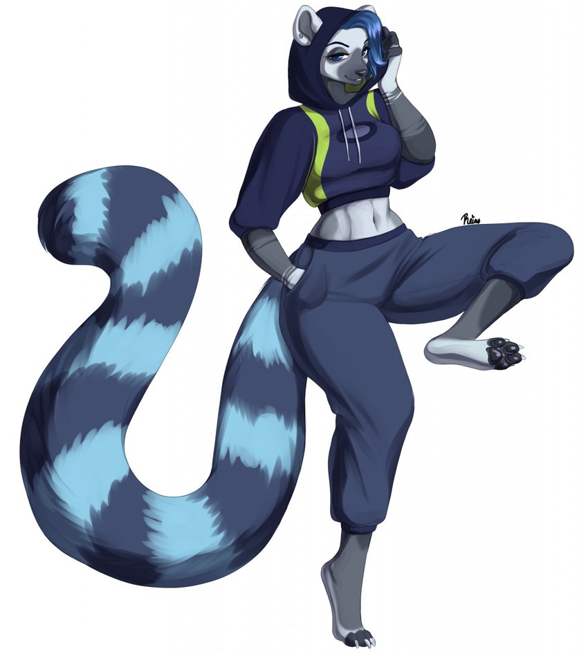 anthro big_tail blue_hair bottomwear claws clothed clothing ear_piercing eyelashes female hair hand_in_pocket hood hoodie long_tail markings midriff narrowed_eyes pants pawpads piercing pockets short_hair solo striped_markings striped_tail stripes tail tail_markings topwear reina. taylor_(obessivedoodle) lemur mammal primate strepsirrhine 2021 hi_res