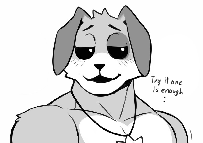 anthro blush creepy_face creepy_smile male muscular muscular_male smile solo text mumu202 mob_entertainment poppy_playtime smiling_critters dogday_(poppy_playtime) canid canine canis domestic_dog mammal monochrome