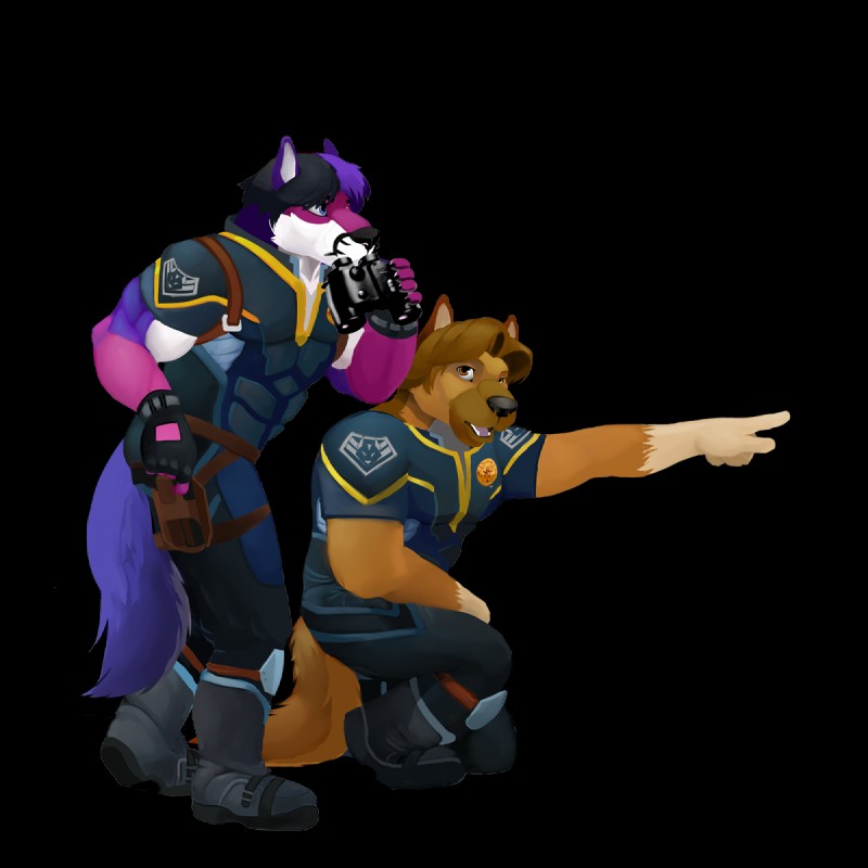 anthro biceps big_muscles binoculars black_hair black_nose blue_eyes brown_body brown_eyes brown_fur brown_hair clothed clothing crouching duo fangs fingerless_gloves fur gloves gun hair handgun handwear holster kneeling male muscular muscular_male open_mouth pink_body pink_fur pistol police purple_body purple_fur purple_hair ranged_weapon standing teeth tongue uniform weapon white_body white_fur monchi sheppy_(roblf) shyloc canid canine canis domestic_dog fox german_shepherd herding_dog hybrid mammal pastoral_dog wolf 1:1 alpha_channel hi_res