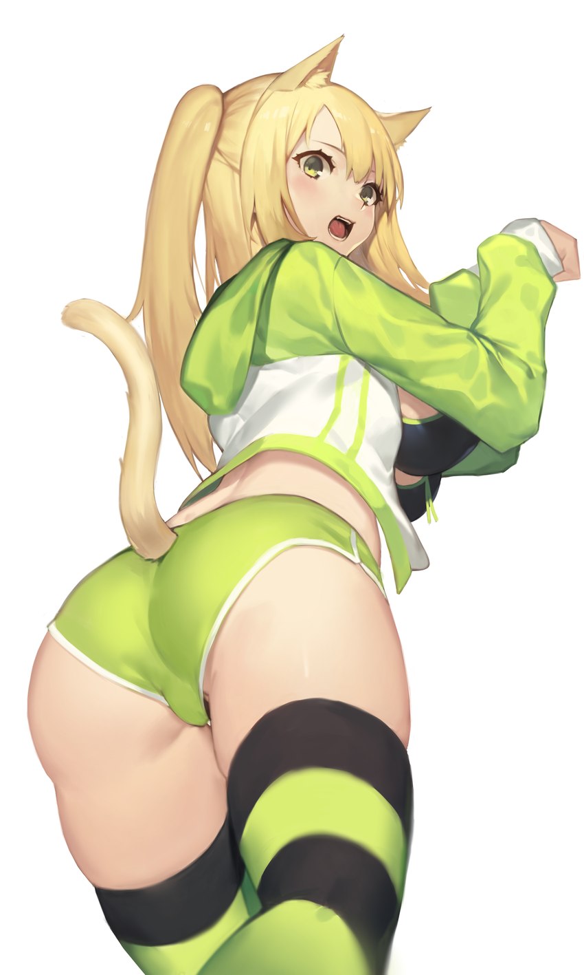 blonde_hair breasts butt clothed clothing female hair hoodie looking_back rear_view simple_background solo topwear white_background jam_(nandade) animal_humanoid cat_humanoid felid felid_humanoid feline feline_humanoid humanoid mammal mammal_humanoid 3:5 absurd_res hi_res