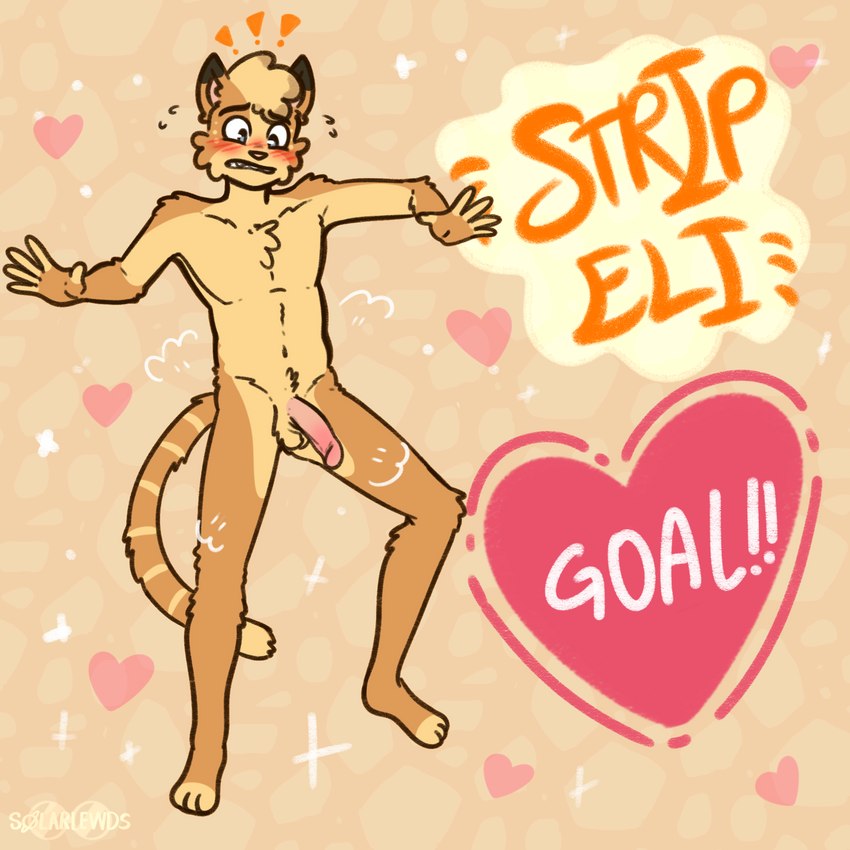 anthro art_meme blush breaking_the_fourth_wall embarrassed flaccid fur genitals heart_symbol male multicolored_body multicolored_fur nude penis simple_background solo text yellow_body yellow_fur solarlewds strip_meme twitter eli_(solarlewds) felid feline mammal 1:1 digital_media_(artwork) english_text hi_res meme