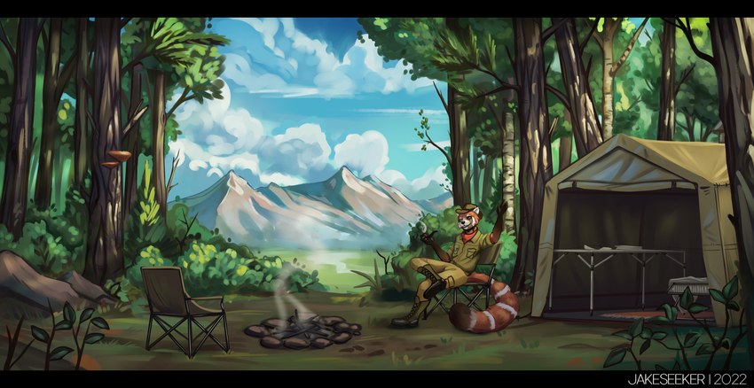 anthro black_bars campfire camping clothed clothing detailed_background forest fur hair holding_object looking_at_viewer male outside plant smile smoking solo tent tree jakeseeker ailurid mammal red_panda digital_media_(artwork) hi_res letterbox