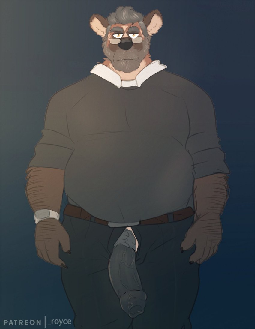 anthro arm_hair beard body_hair brown_body brown_fur clock clothed clothing elderly elderly_male eyewear facial_hair foreskin fur genitals glasses grey_hair hair humanoid_genitalia humanoid_penis looking_at_viewer male mature_male overweight penis penis_poking_out penis_through_fly pubes simple_background solo vein veiny_penis watch rine hyena mammal hi_res