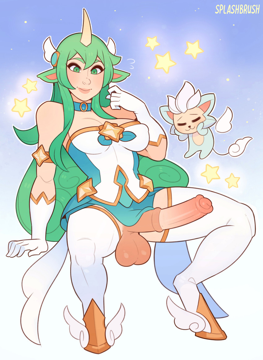 alternate_species animal_genitalia animal_genitalia_on_humanoid animal_penis balls big_penis breasts cleavage clothed clothing duo equine_genitalia equine_penis erection genitals green_hair gynomorph hair horn intersex legwear long_hair penis solo_focus star_guardian thigh_highs splashbrush league_of_legends riot_games tencent soraka horned_humanoid humanoid absurd_res hi_res