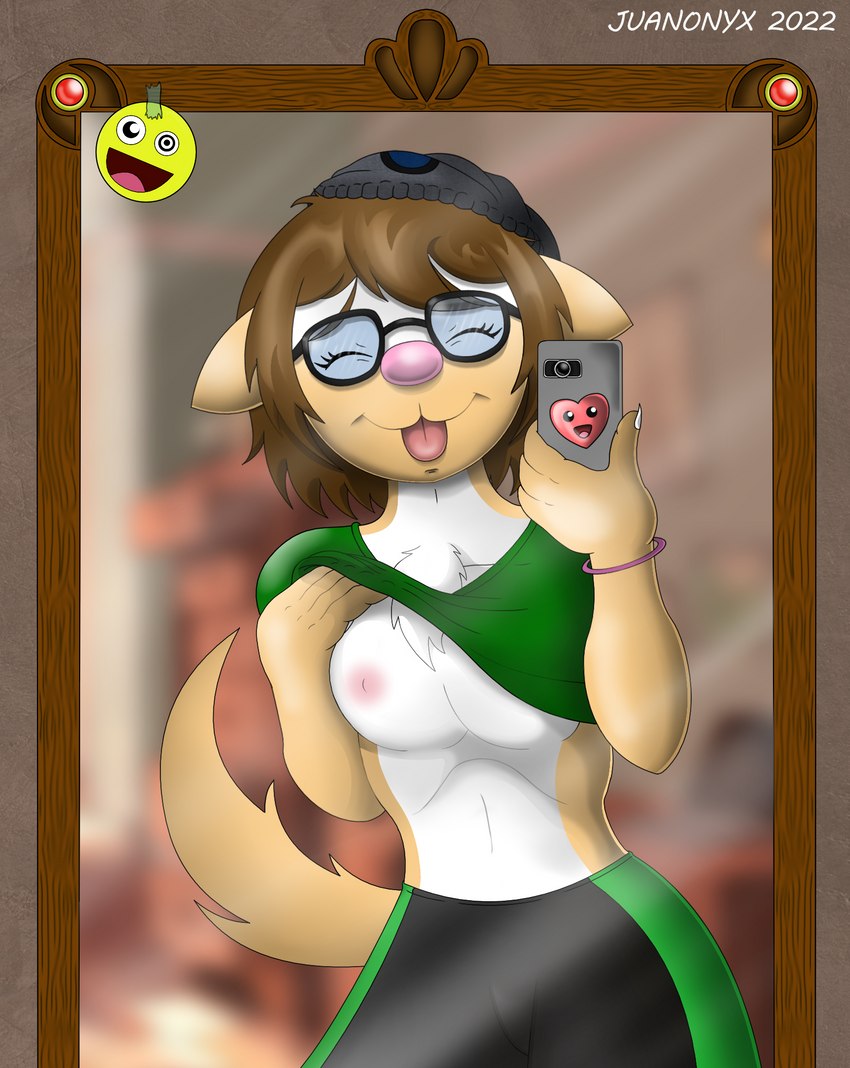 breasts cellphone electronics emoji eyewear female glasses inside mirror mirror_selfie nipples phone pose selfie solo sportswear tongue juanonyx canid canine canis domestic_dog humanoid mammal izzy_(disambiguation) 2022 hi_res pinup