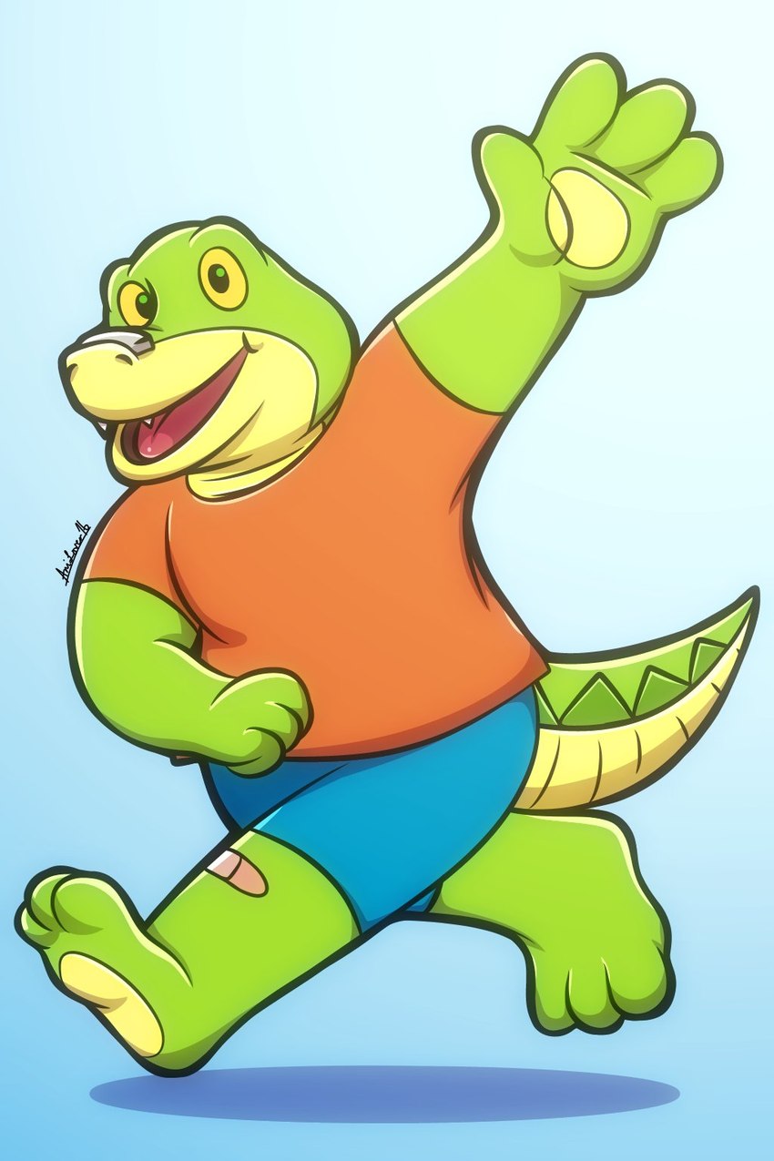 3_toes 4_fingers anthro band-aid bandage bottomwear clothing feet fingers green_body shirt shorts simple_background solo toes topwear walking young anilover16 brok_the_investigator cowcat_games brok_(brok_the_investigator) alligator alligatorid crocodilian reptile scalie 2023 2:3 hi_res