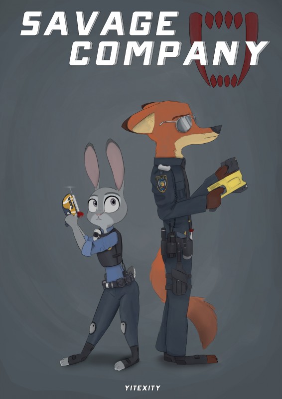 anthro belt bulletproof_vest clothed clothing dart_gun dipstick_ears duo ear_markings electroshock_weapon eyewear female holding_object holding_weapon male multicolored_ears police police_uniform stun_gun sunglasses text toeless_legwear tranquilizer uniform utility_belt weapon yitexity disney zootopia judy_hopps nick_wilde canid canine fox lagomorph leporid mammal rabbit red_fox true_fox 2016 absurd_res comic cover cover_art cover_page english_text hi_res