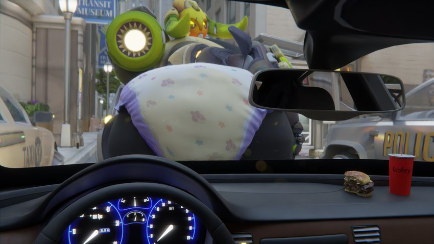 beverage bodily_fluids burger butt car car_interior city city_background clothed clothing container cup diaper female food genital_fluids horn light machine mirror motor_vehicle police police_car police_vehicle presenting sitting smile solo street street_lamp teasing unclean_diaper urine used_diaper vehicle wearing_diaper wet_diaper wetting koofey blizzard_entertainment overwatch orisa_(overwatch) robot taur 16:9 3d_(artwork) blender_(artwork) digital_media_(artwork) hi_res watermark widescreen