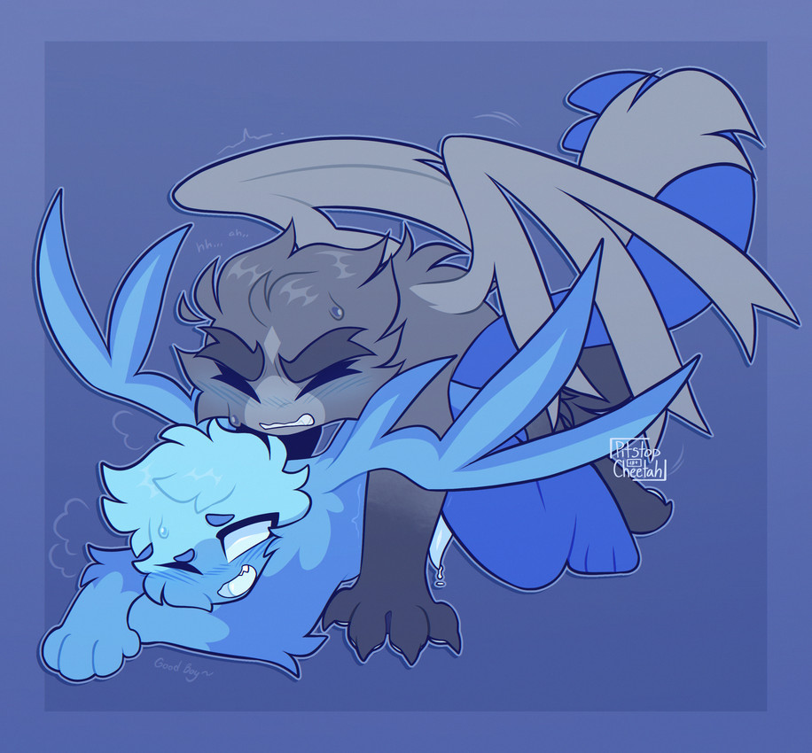 all_fours ambiguous_penetration anthro anthro_on_anthro anthro_penetrated anthro_penetrating back_wings blue_body blush blush_lines bodily_fluids claws cum cum_drip dialogue dirty_talk doggystyle dripping duo entwined_tails eyes_closed from_behind_position fur genital_fluids genitals good_boy grey_body looking_pleasured lying male male/male one_eye_closed pawpads paws penetration penis praise sex spread_wings sweat sweatdrop tail tail_coil unusual_anatomy unusual_genitalia unusual_penis wings pitstopcheetah microsoft minecraft mojang xbox_game_studios allay vex_(minecraft) absurd_res hi_res