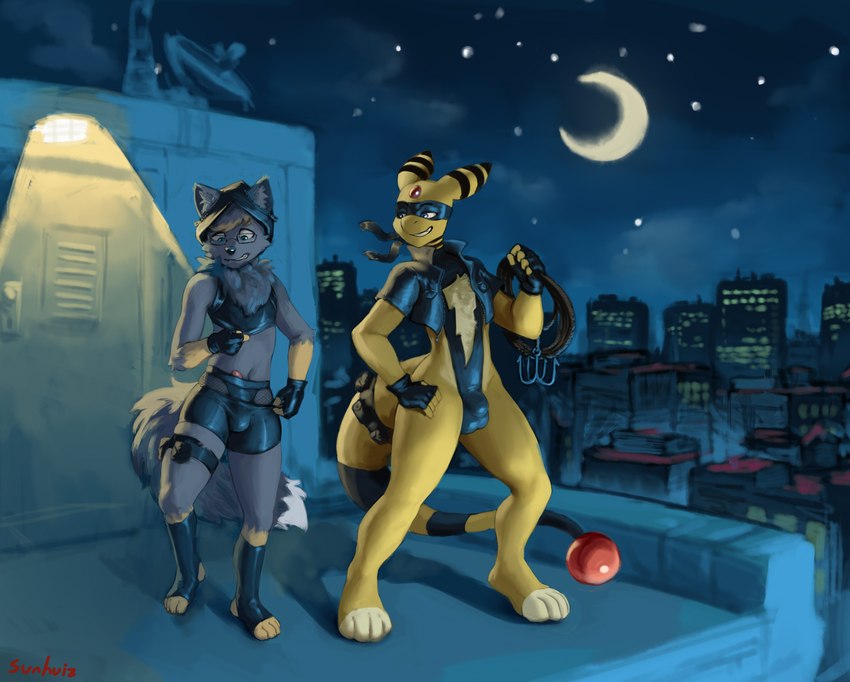 anthro balls_outline bulge clothing costume detailed_bulge duo embarrassed genital_outline genitals gloves handwear looking_at_another male male/male night outside penis rope sunhuiz nintendo pokemon sharu ampharos canid canine canis generation_2_pokemon mammal pokemon_(species) wolf absurd_res hi_res