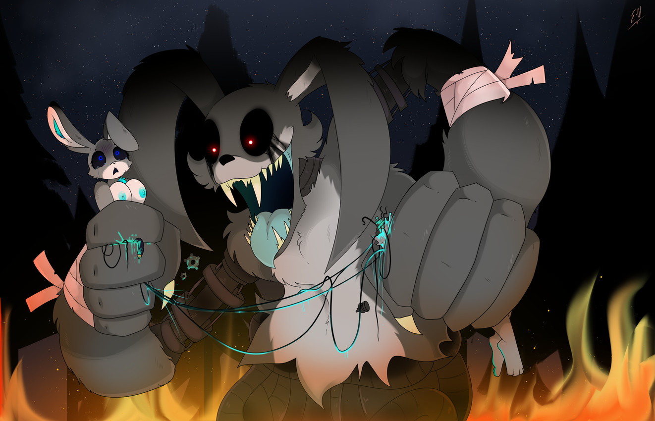 anthro areola bandage barefoot black_nose blood blue_eyes bodily_fluids breasts crying death dripping fangs feet female fire fur gear genitals glowing glowing_eyes gore grey_body grey_fur hair machine male multicolored_body multicolored_fur mutilation nipples nude open_mouth red_eyes sharp_teeth simple_background smile tears teeth tongue tongue_out white_body white_fur wire e-01 drace_the_rabbit err_(drabbit) animatronic lagomorph leporid mammal monster rabbit robot 14:9 digital_media_(artwork) hi_res
