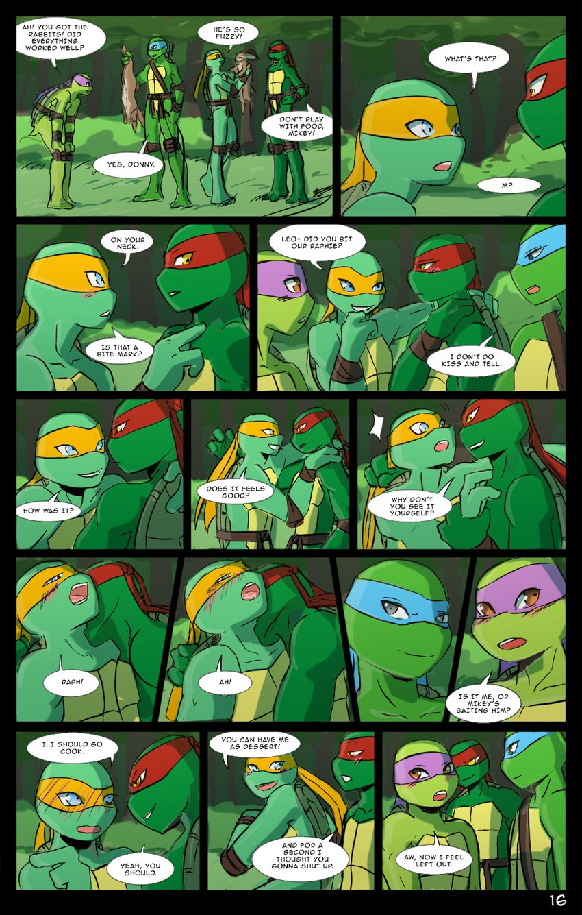 adolescent bite blush dialogue flustered forest group kerchief male male/male neck_bite outside plant tree young momorawrr neattea teenage_mutant_ninja_turtles donatello_(tmnt) leonardo_(tmnt) michelangelo_(tmnt) raphael_(tmnt) lagomorph leporid mammal rabbit reptile scalie turtle comic hi_res brother_(lore) brothers_(lore) sibling_(lore)