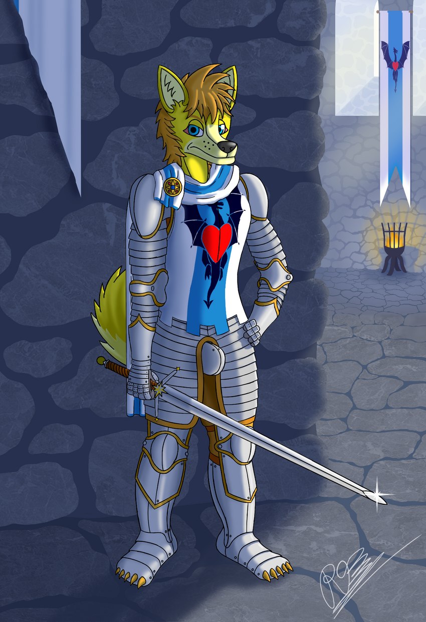 5_fingers annoyed anthro armor banner black_nose blue_eyes blue_scarf bottomwear brazier brown_armor brown_bottomwear brown_clothing brown_pants clothing codpiece countershade_tail countershading day detailed_background eyebrows facial_markings fingers fire fur glint grey_armor hair hand_on_hip head_markings heart_clothing heart_symbol holding_melee_weapon holding_object holding_sword holding_weapon inner_ear_fluff inside light light_beam looking_at_viewer male markings medieval_armor melee_weapon muzzle_(marking) narrowed_eyes orange_eyebrows orange_hair pants pauldron plantigrade red_heart scarf shadow snout snout_markings solo spiky_hair standing stone_floor stone_wall sunbeam sunlight sword tail tan_body tan_fur tan_inner_ear tan_inner_ear_fluff tuft wall_(structure) weapon whisker_spots white_scarf window yellow_body yellow_fur reiver93 reiver_valentine canid canine canis fox hybrid mammal wolf 2023 dialogue_in_description hi_res shaded signature