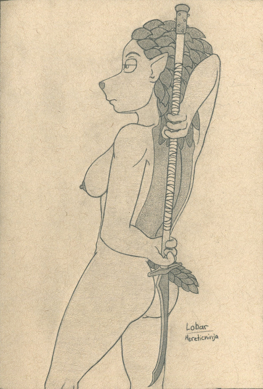 3_fingers anthro areola biped breasts butt female fingers holding_object holding_weapon looking_away medium_breasts melee_weapon nipples polearm quills_(anatomy) side_boob simple_background solo standing weapon lobar babasa mammal monotreme hi_res line_art monochrome traditional_media_(artwork)