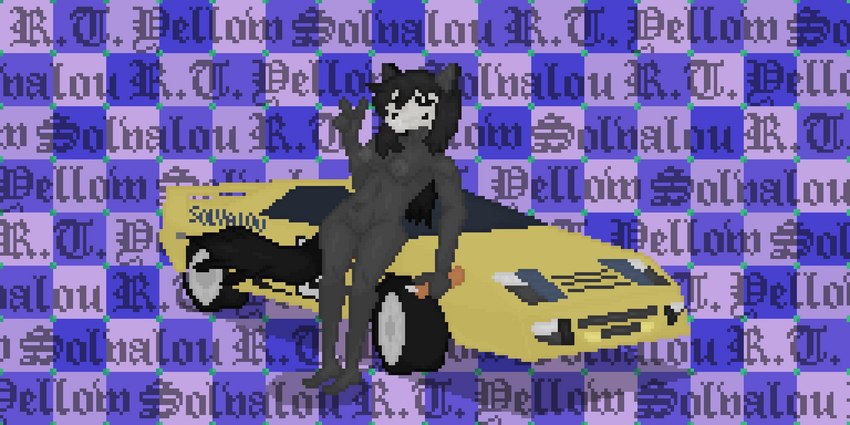 black_body black_fur black_hair blue_text bone car checkered checkered_background engineer_in_a_can female fur gesture hair hand_gesture larger_female long_hair looking_at_viewer nude pattern_background rt_yellow_solvalou simple_background size_difference skull skull_head solo sports_car tall text text_background text_in_background v_sign vehicle yellow_car thegreaterclaush bandai_namco ridge_racer scp_foundation scp-1471-a mammal 2022 2:1 digital_media_(artwork) hi_res pixel_(artwork)