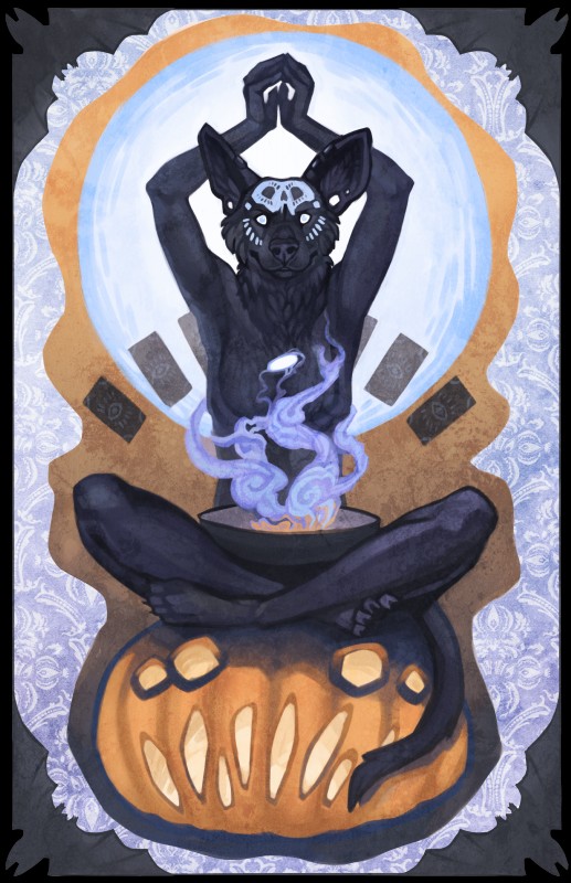 abstract_background anthro biped black_body black_fur bodypaint border breasts card claws face_paint female fire food fortune_telling front_view fruit fur glowing glowing_eyes humanoid_hands jack-o'-lantern looking_at_viewer magic nude plant pumpkin sitting sitting_on_pumpkin skull_face_paint smoke solo tarot tarot_card transparent_border blackpassion777 canid canine mammal absurd_res alpha_channel hi_res