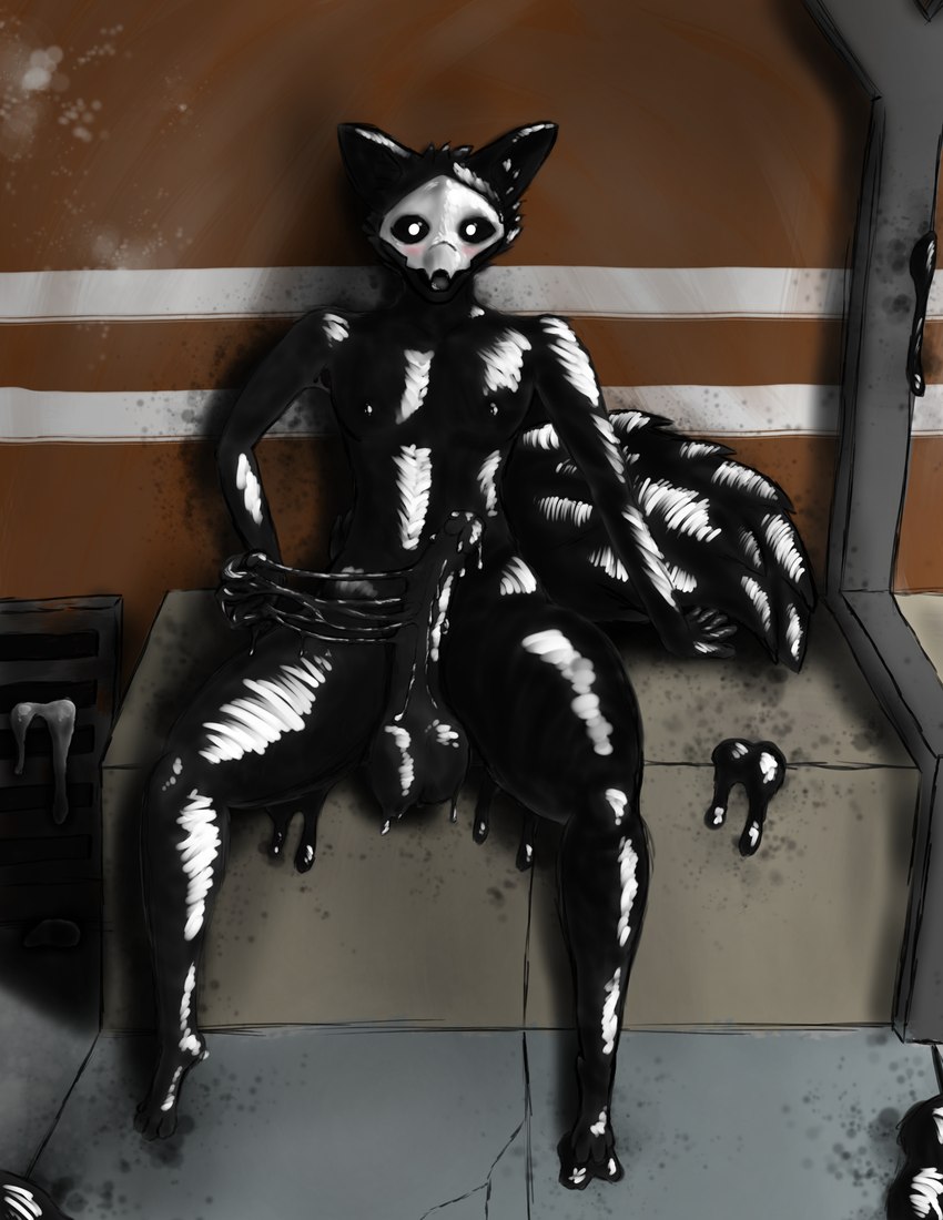 anthro balls big_balls big_penis big_tail black_body black_sclera blush caught_in_the_act caught_masturbating genitals glistening glistening_body latex male masturbation nipples penis pupils solo tail white_pupils strokit changed_(video_game) puro_(changed) goo_creature latex_creature living_latex absurd_res hi_res monochrome