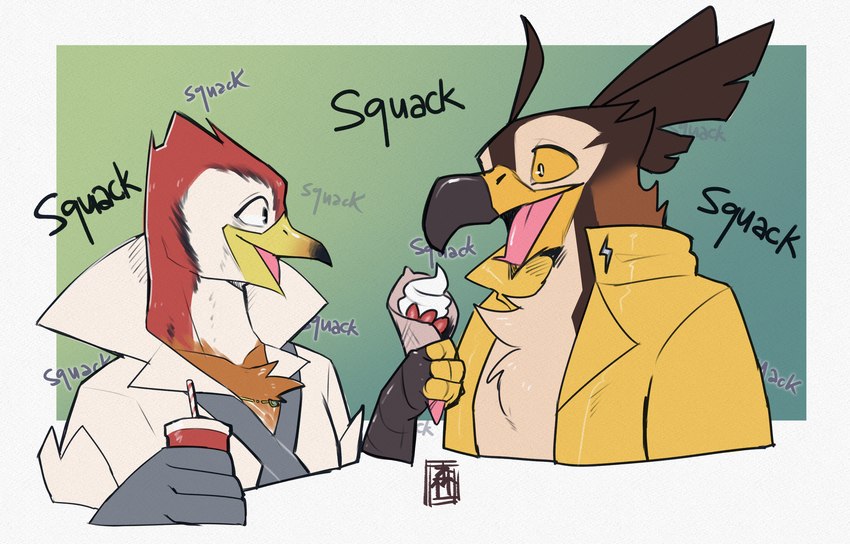 anthro beak clothing countershading drinking_straw duo food jacket male male/male popped_collar simple_background talon_hands text tongue tongue_out topwear winged_arms wings yellow_sclera exsys alyx_(alyxavian) nigel_(exsys) accipitrid accipitriform aquilinae avian bird eagle ornate_hawk-eagle english_text hi_res