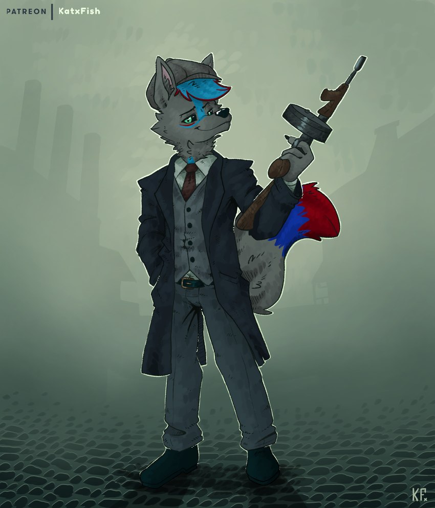 anthro clothing gun london looking_at_viewer mafia male ranged_weapon smile smiling_at_viewer solo suit weapon katxfish ryazon_black canid canine canis mammal wolf absurd_res hi_res