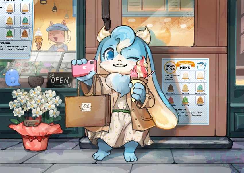 3_toes 4_fingers anthro bag barefoot biped blue_body blue_fur blue_paws building cheek_tuft chibi clothed clothing dessert dewlap_(anatomy) door dress electronics facial_tuft feet female female_anthro fingers floppy_ears flower food fur grin holding_food holding_ice_cream holding_ice_cream_cone holding_object holding_phone ice_cream ice_cream_cone ice_cream_parlor jacket kemono long_ears looking_at_viewer lop_ears multicolored_body multicolored_fur one_eye_closed open_mouth oversized_clothing phone plant semi-anthro short short_stack size_difference smile solo standing store_clerk storefront swirl tan_body tan_fur text toes topwear tuft two_tone_body two_tone_fur wink di_do_di_do sofu_(pyritie) lagomorph leporid mammal rabbit 2022 absurd_res digital_media_(artwork) english_text full-length_portrait hi_res portrait