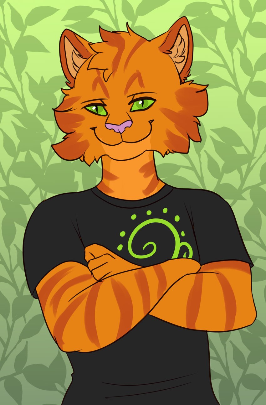 anthro black_clothing black_shirt black_t-shirt black_topwear cheek_tuft clothed clothing facial_tuft floral_background front_view fur green_eyes head_tuft looking_at_viewer male orange_body orange_fur pink_nose shirt solo striped_arms striped_neck t-shirt topwear tuft tiggybloom felid mammal half-length_portrait hi_res portrait