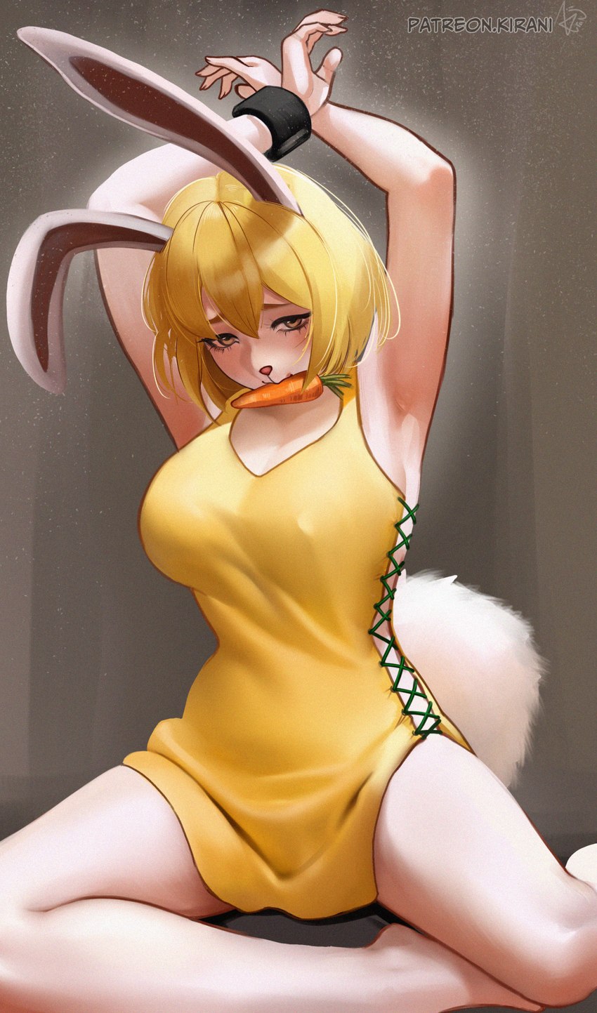 anthro big_breasts blonde_hair breasts carrot carrot_in_mouth clothed clothing cotton_tail dress female fluffy fluffy_tail food hair hands_above_head long_ears nipple_outline plant solo sundress tail vegetable yellow_clothing yellow_dress kirani_kavaimi_rin one_piece carrot_(one_piece) lagomorph leporid mammal minkmen_(one_piece) rabbit absurd_res hi_res