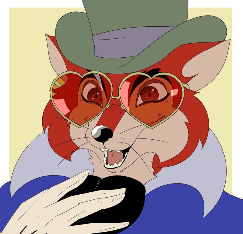 anthro clothed clothing coat eyewear fangs fur glasses gloves handwear hat headgear headwear heart_glasses male open_mouth smile solo teeth tongue top_hat topwear whiskers wide_eyed reagan700 disney pinocchio "honest"_john_foulfellow canid canine fox mammal 2024 bust_portrait hi_res portrait