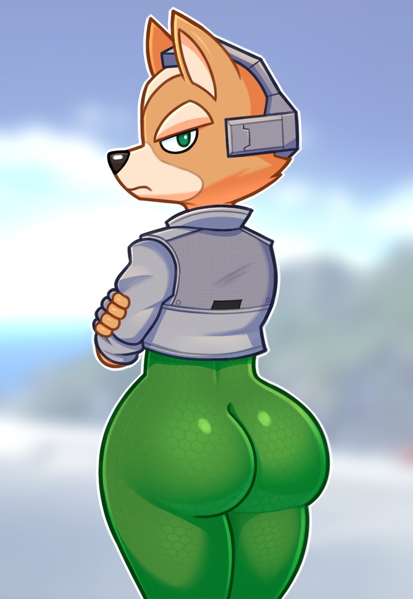 anthro big_butt bodysuit bubble_butt butt clothing crossed_arms femboy fur green_eyes headgear jacket looking_back male rear_view skinsuit solo tailless tan_body tan_fur tight_clothing topwear acstlu nintendo star_fox fox_mccloud canid canine fox mammal 2022 absurd_res hi_res