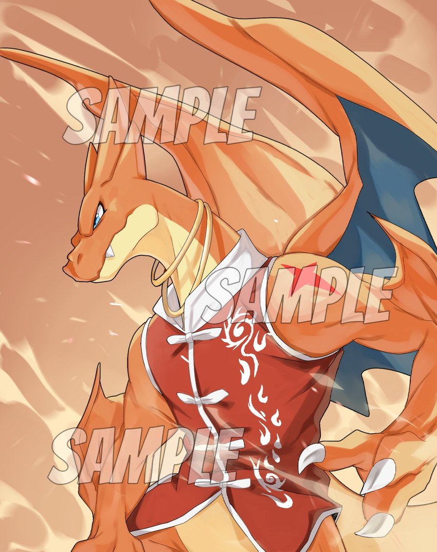 anthro blue_eyes clothing fangs male muscular muscular_male red_body serious_face solo teeth topwear vest wind wings laiweitui nintendo pokemon generation_6_pokemon mega_charizard mega_charizard_y mega_evolution pokemon_(species) hi_res