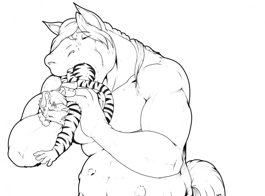 anthro duo feet_first forced holding_prey horse_tail looking_back male male/male multiple_prey nude_pred nude_prey partially_inside prey_in_mouth unwilling_prey vore willing_pred pandottermon equid equine felid horse mammal pantherine tiger 2018 monochrome