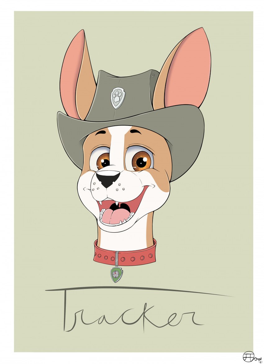 clothing collar cowboy_hat ears_up fangs feral hat headgear headwear looking_at_viewer male open_mouth smile smiling_at_viewer solo teeth text tongue wide_eyed jimfoxx paw_patrol tracker_(paw_patrol) canid canine canis domestic_dog mammal 2021 headshot_portrait hi_res portrait signature