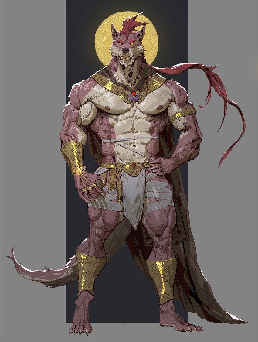 abs anthro armlet bottomwear cape clothing fur hair jewelry loincloth male mostly_nude multicolored_body multicolored_fur muscular muscular_male necklace pecs pink_body pink_fur red_hair solo two_tone_body two_tone_fur wraps pacelic mythology canid canine mammal mythological_canine mythological_creature werecanid werecanine werecreature werewolf hi_res