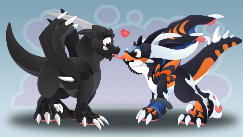 ambiguous_gender baby black_body claws duo female feral heart_symbol male markings membrane_(anatomy) membranous_wings orange_markings paws side_view tail tongue wings young dinkysaurus european_mythology mythology dnk whiro dragon mythological_creature mythological_scalie scalie western_dragon