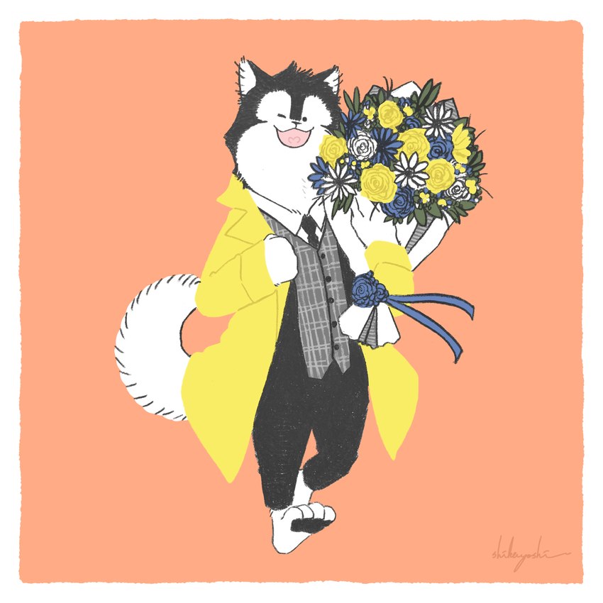 anthro barefoot black_body black_fur bouquet clothing feet flower flower_bouquet fur happy jacket kemono looking_at_viewer male one_eye_closed plant slim_anthro slim_male solo topwear vest walking_towards_viewer white_body white_fur wink winking_at_viewer yellow_clothing yellow_jacket_(clothing) yellow_topwear shikayoshi sub20211115 canid canine canis domestic_dog mammal shiba_inu spitz 1:1 2022 absurd_res full-length_portrait hi_res portrait